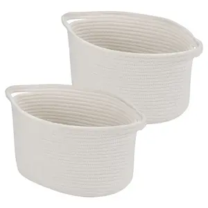 Unique Bargains Storage Basket Bin Set 2 Pack, Foldable Woven Storage Basket Sturdy Cotton Rode Container Collapsible Organizer with Handles for Home Bedroom Office Closet Storage White