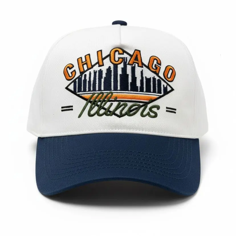 Chicago Skyline Embroidered Hat White Navy 7 Panel Flat Bill Snapback Hat Vintage Illinois City Travel Souvenir Baseball Cap For Men Women Casual Streetwear Midwest State Gift