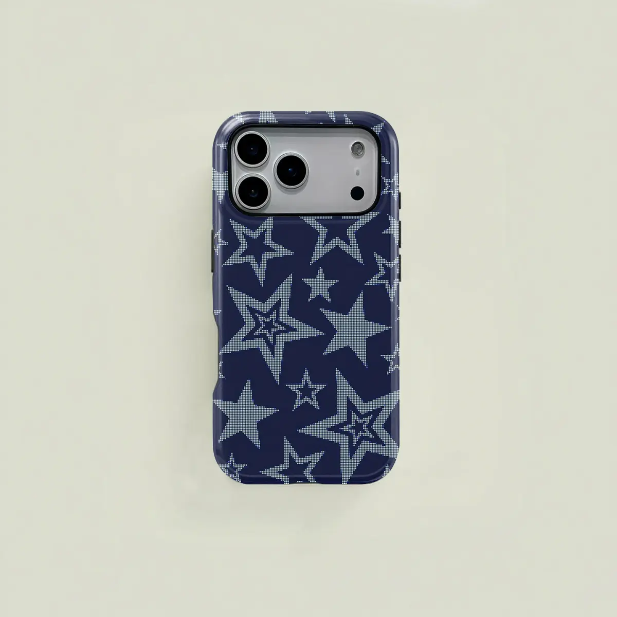 Navy blue American retro-style star and polka dot pattern protective case, sturdy and durable 2-in-1 case, compatible with iPhone 17/16/15/14/13/12/11 Pro Max/Plus/Pro, Samsung Galaxy S26/S25/S24/S23 Ultra series, simple and stylish phone case.