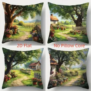 4pcs, Summer Themed Throw Pillow Covers, New Spring Scenery and House Pattern Creative, Home Summer Décor Products, Suitable for Living Room, Bedroom, Sofa and Bed Decoration, 2D Flat, Single Sided Printing, No Pillow Core