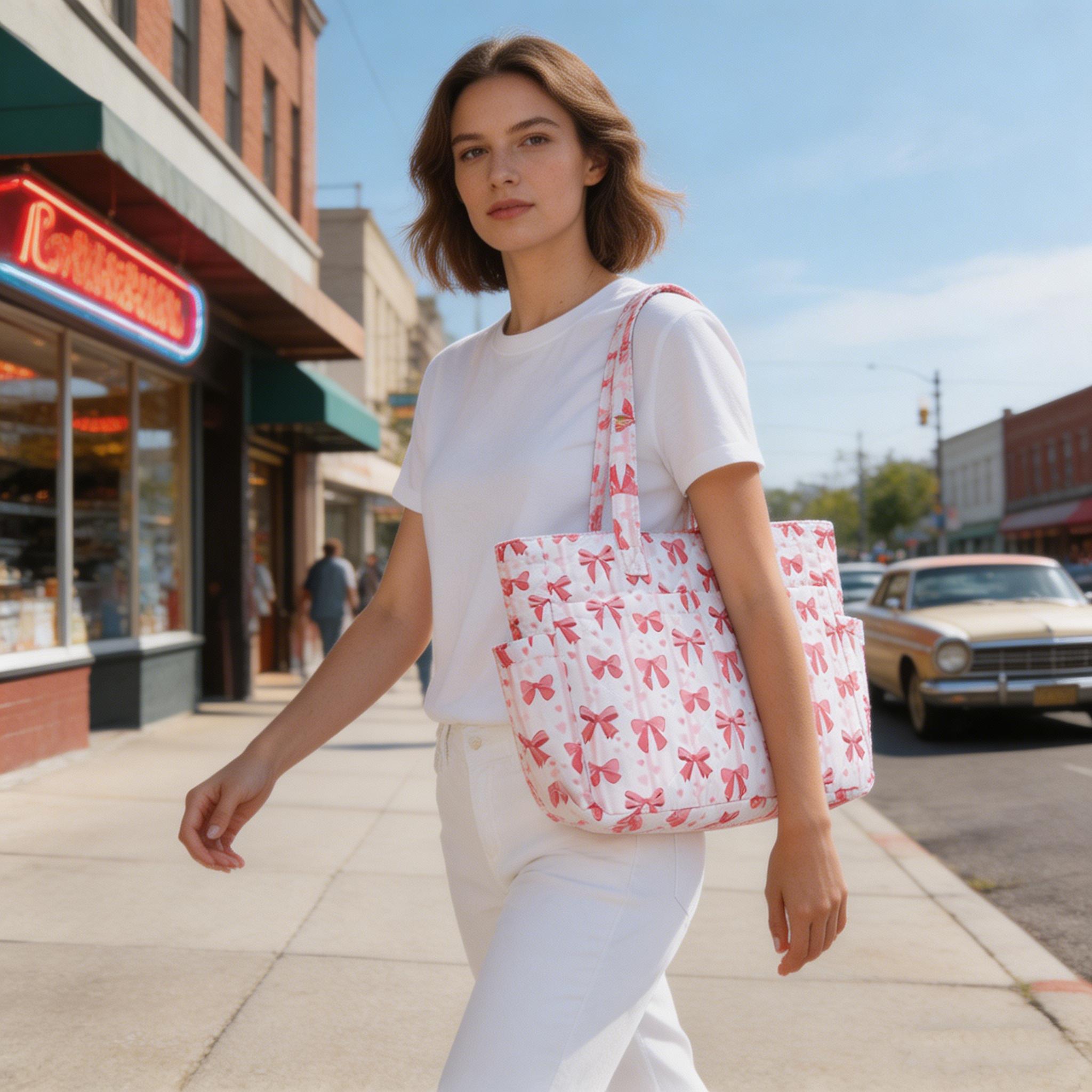 Women's Coquette Quilted Tote Bag Large Capacity Bow Print Shoulder Bag, Cute Multi-Pocket Aesthetic Handbag for Women Teen Girls, Pink Black Casual Tote for School Work Daily Travel Shopping, Perfect Gift for Her toad purse