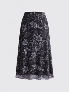 Women's Night Butterfly Floral High Waist Fitted Long Skirt, Vintage Gothic Print A-Line Punk Chic Skirt, Casual Spring & Fall Fashion