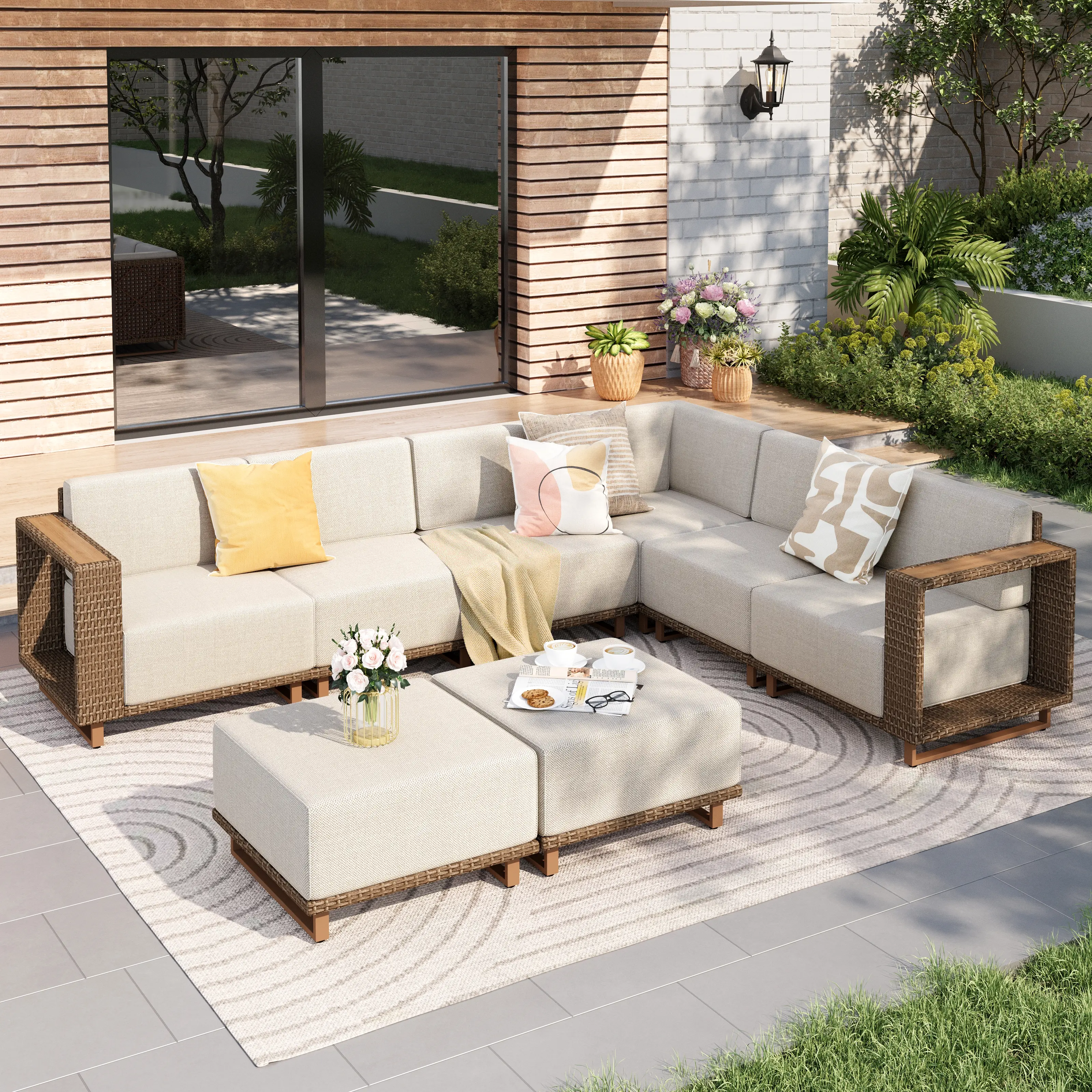 PHIVILLA Catalina Modern L/U-Shaped Patio Modular Sectional Rattan Sofa Set 10" Thick Waterproof Cushions, Assembly Required, Outdoor Garden Use,Home Decor,Summer Sales