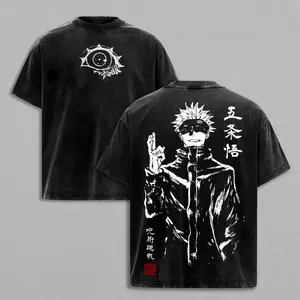 Gojo Satoru Tee Washed – Jujutsu Kaisen: Execution Shibuya Incident Compilation & Culling Game Prelude Vintage Oversized Heavy Cotton Anime Manga T-Shirt, Double Printed Retro Unisex Streetwear Graphic Top, Japanese Anime Merch for Sorcerer Fans
