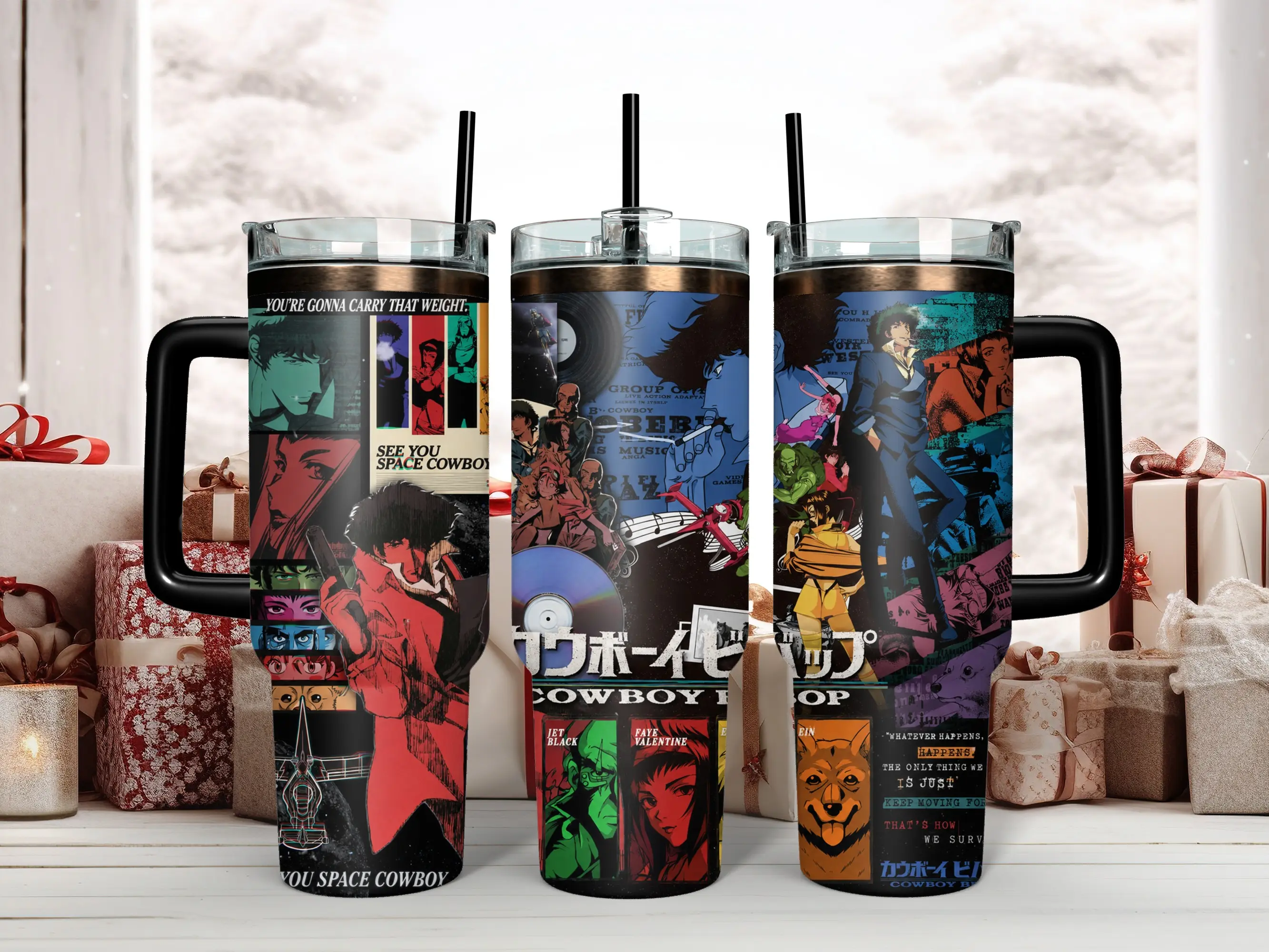 40oz Reusable Insulated Stainless Steel Vacuum Flask Water Bottle - BPA-Free Cowboy Bebop Anime Character Collage Tumbler with White Handle, Straw, Lid (Spike Spiegel, Faye Valentine, Jet Black, Ed) Retro 90s Space Western Art (Kitchenware Drinkware)
