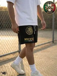 Vibe404 Mexico Men's Quick Dry Soccer Shorts Mexican Flag Eagle Logo Football Fan Gear Casual Gym Workout Summer Beach Wear Elastic Waist Streetwear Hip Hop