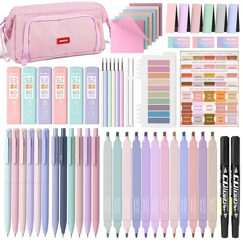 Nicpro 71PCS Bible Study Stationery Set - Aesthetic Book Annotation School Bundle, Office School Supplies Stationary Set with Large Capacity Pink Pencil Pouch, Highlighters, Pens, Graphite Mechanical Pencils, Sticky Notes, Tabs for Women, Gift Option