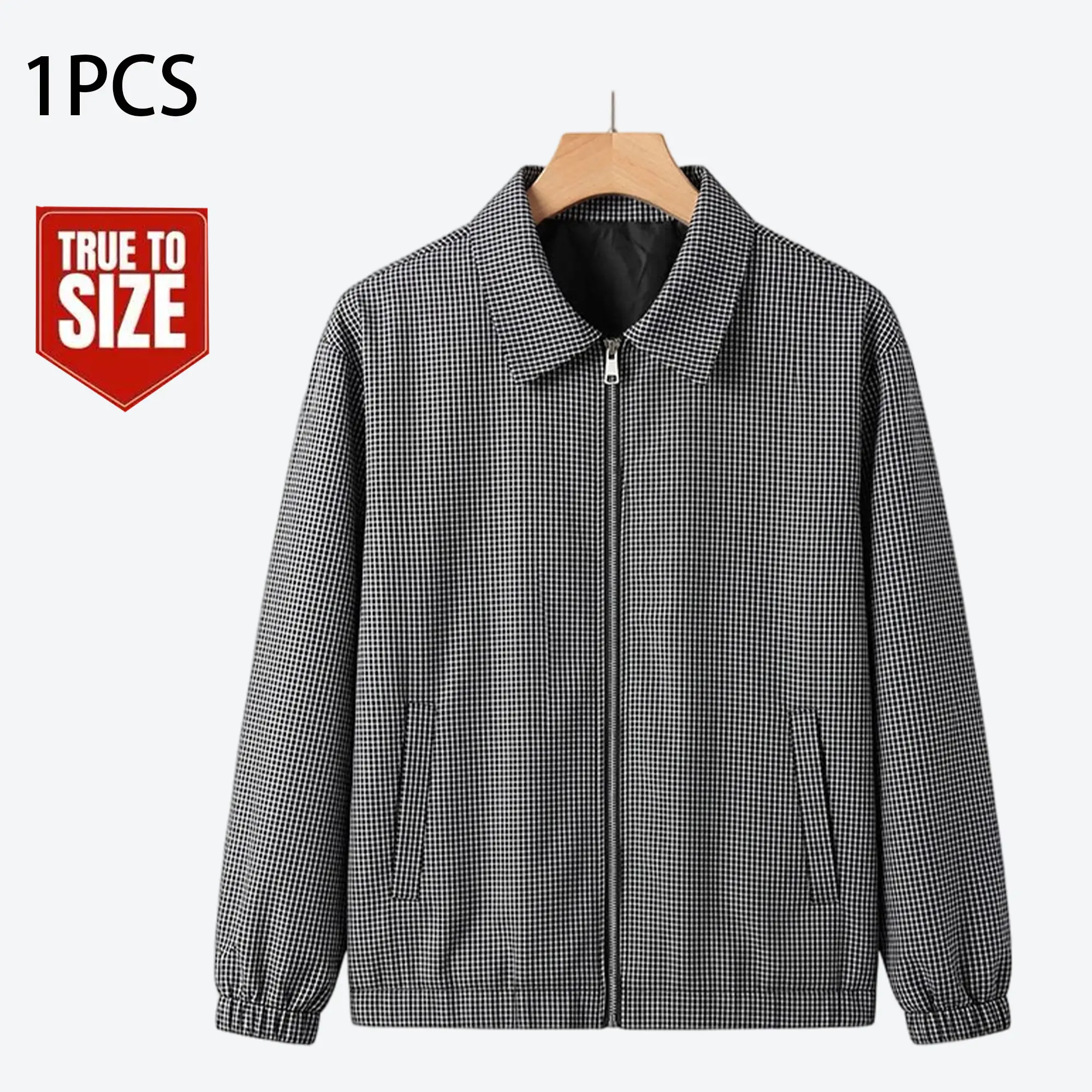 Men's Retro Small Check Harrington Jacket, Elegant Lightweight Wrinkle-Resistant Zip-Up Coat for Casual Commuting