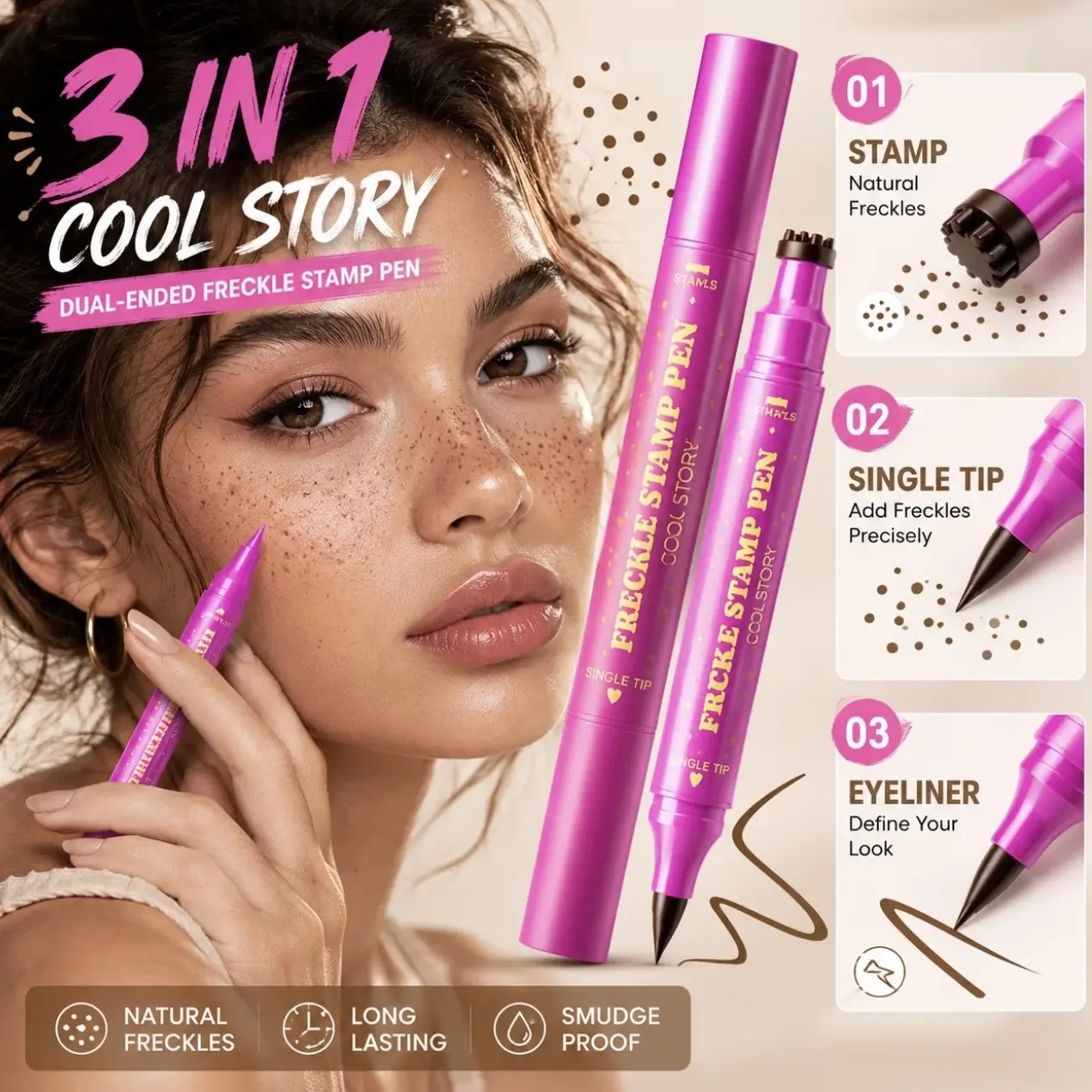 Waterproof Freckles Pen: Faux Freckle Stamp and Fine Tip Eyeliner for Realistic, Long-Lasting Freckles and Effortless Makeup, Perfect for Daily Wear and Cosplay