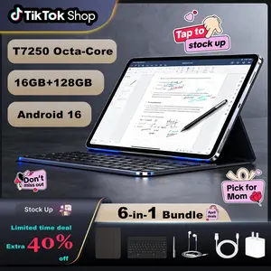 【MothersDayGift】2026 Android tablet 10.1" IPS Android 16 Tablet bundle package 16GB RAM 128GB ROM Octa Core 6000mAh Battery Bluetooth with Keyboard Case Stylus Earphones Type-C Cable Adapter Charging Rear Streaming tablets ,For Mother's Day Gift