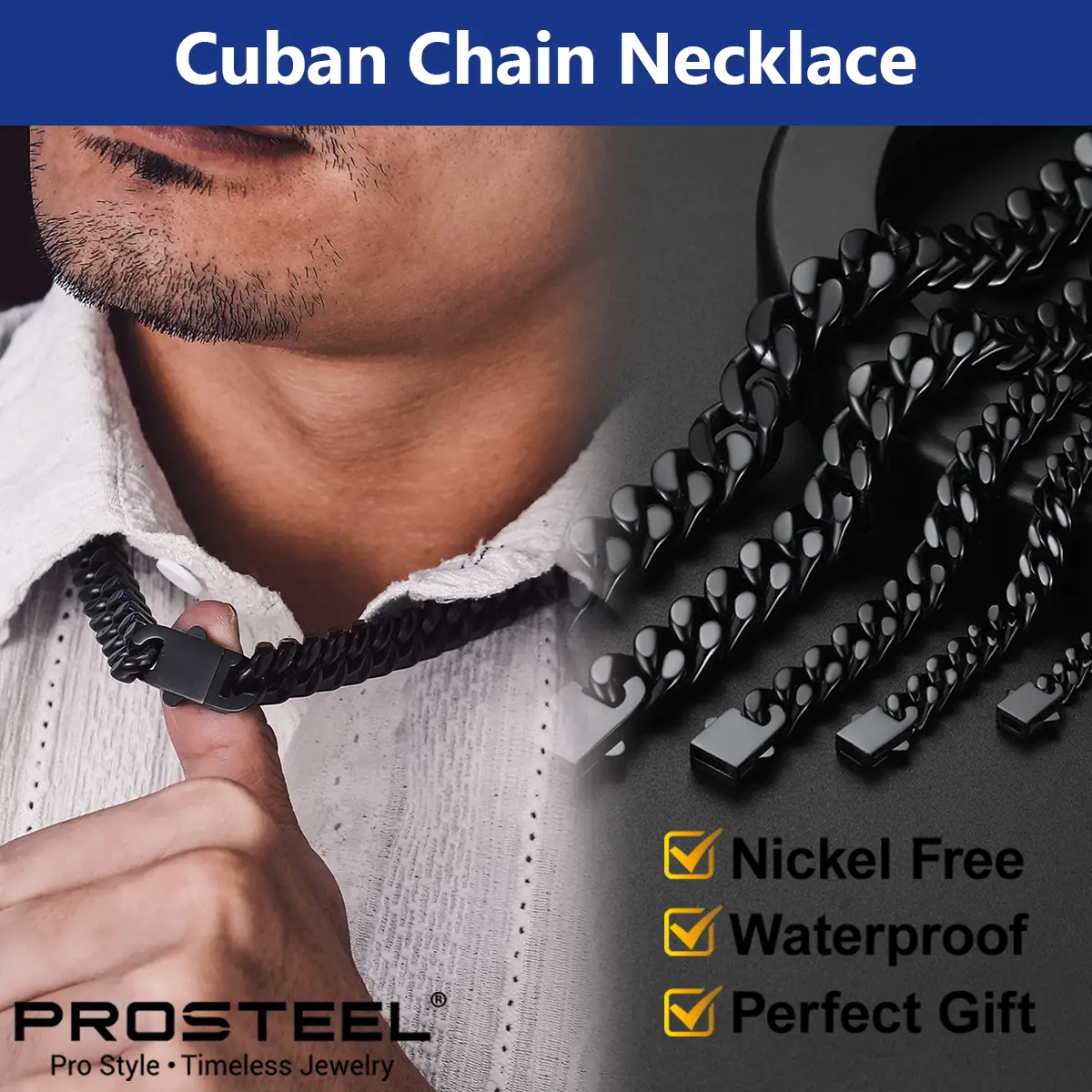 PROSTEEL Stainless Steel Cuban Chain Necklace - Miami Style Waterproof , 5mm to 14mm Width Options, 18"-30" Length, Hypoallergenic Unisex Design for