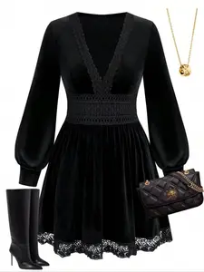 Elegant Chic Plus Size Women's Soft Velvet Lace Patchwork Lantern Sleeve Long Dress Set, Slim Fit for Spring & Fall, Stylish Kint Fabric Womenswear