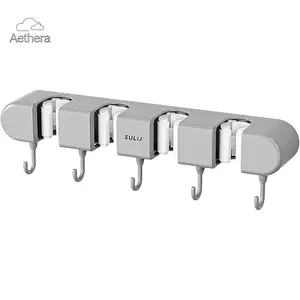 Aethera Multifunctional Self Adhesive Wall Mounted Mop Holder 4 Racks 5 Hooks Heavy Duty Broom Organizer for Kitchen Bathroom Closet Non-Slip Design Indoor & Outdoor Use