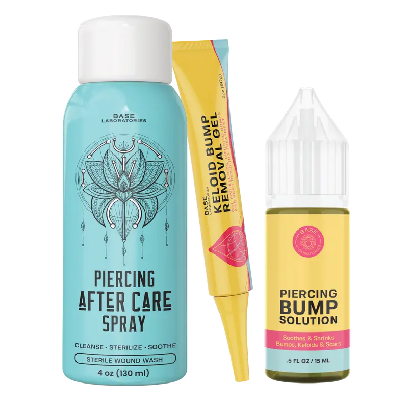 Base Laboratories Piercing Bump & Keloid Removal Kit | Oil, Gel & Saline Spray for Piercing Aftercare, Keloid & Scar Treatment | Ear & Nose Care Solution Healthcare Serums Skin Repair