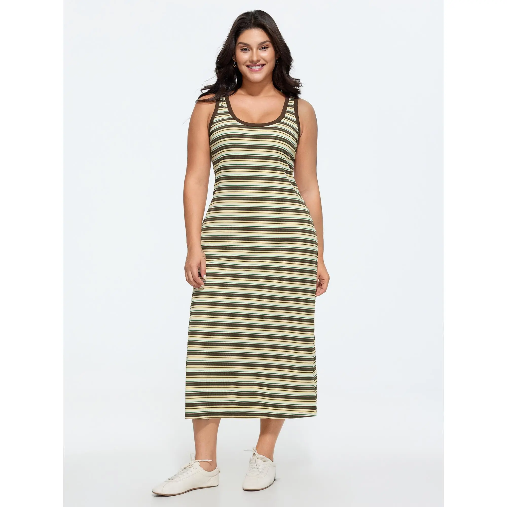 BloomChic Women's Plus Size Casual Striped Patchwork Maxi Dress, Sleeveless Scoop Neck Ribbed Knit Summer Fit, Polyester, Cotton, Garment, Fabric