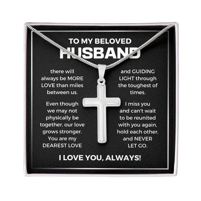 Long Distance Relationship Cross Necklace Gift For Husband, LDR Gift For Husband from Wife, Anniversary Gift for Husband from Wife