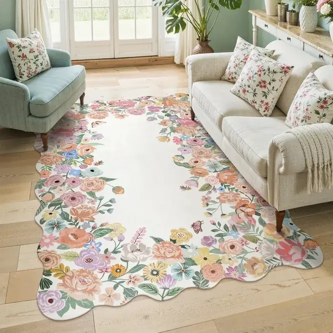 Lahome Floral Area Rug, Soft Low Pile Decorative Rug for Living Room, Bedroom and Dining Room, Rectangle and Round Sizes