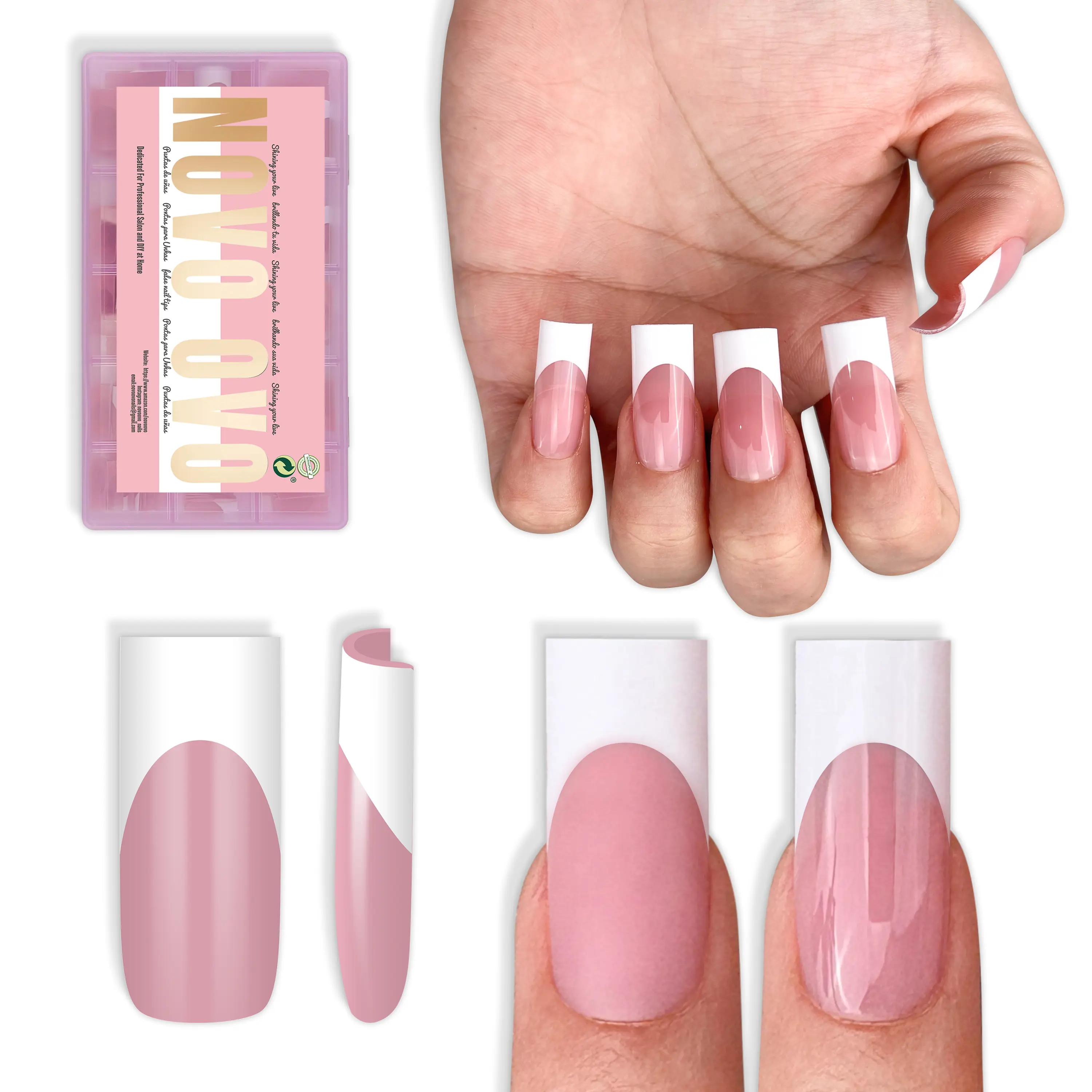 NOVO OVO Medium Sharp Square White French Tip Nail Tips Press on BERRY PINK, Extra Thick NEED Builder Glue Gel & Top Coat, Soft Gel Full Cover False Fake Nail Extension for Salon DIY x 15 Sizes 180 pcs【DOES NOT INCLUDE: LIGHT, GLUE, BUILDER GEL】