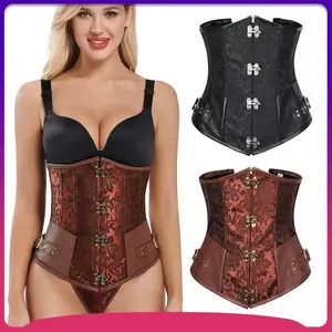 Steampunk low cut tight corset leather brown pirate tight corset belt tie back jacquard tight corset retro women's black top
