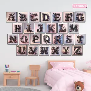 Black Alphabet Pattern 5D Diy Diamond Painting No Frame, With Tools Pink Flower Full Round Diamond Mosaic Butterfly Room Decor Handmade Gift