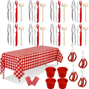 42 Pcs Seafood Tools Set Seafood Boil Party Supplies Tablecloth Crawfish Crackers Scissors Lobster Sheller Hammer Shellfish Fork Cracker Plastic Bucket for Lobster Crab Food Party