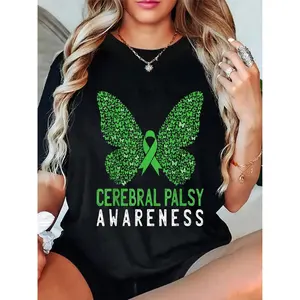 Butterfly Cerebral Palsy Awareness Green Ribbon Support Crew Neck T-Shirt for Women 100% Cotton Soft Comfortable CP Awareness Shirt with Unique Print Design