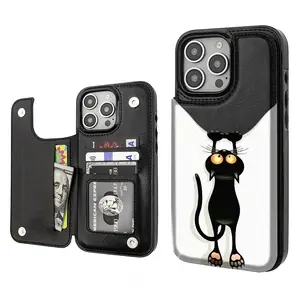 Cute Black Cat Aesthetics Pattern Phone Cases Compatible For With iphone 16 15 14 13 12 PRO PLUS MAX PU Brown Durable Flip High quality Leather Credit Card Bag Holder Mother Gift Wallet Shockproof Anti-Drop Full Protection Phone Cases Shell Cover