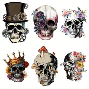 Skull & Crown Pattern Iron-on Heat Transfer Decals, 6 Counts/set DIY Patches for T-shirts, Jeans, Bags & More, Mixed Colors, Halloween, Handcraft