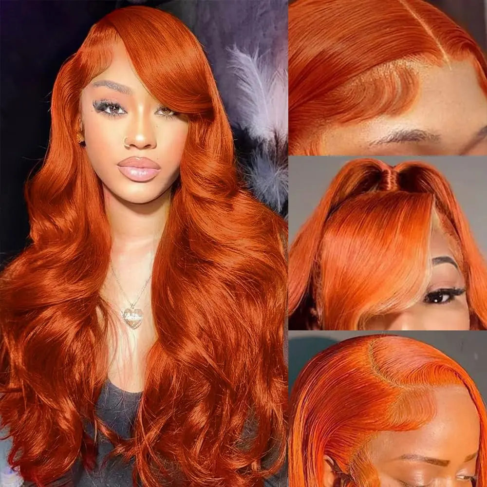 Women's Ginger Orange Body Wave Lace Frontal Wig, 13x6 HD Transparent Human Hair, 180% Density, Pre-Plucked for Natural Look, Heat Resistant, Transparent Cover, Stylish