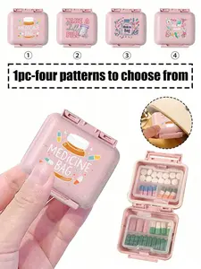 Mini 6-compartment portable pill box, 6-compartment small pill box, pink small pill box with cartoon medicine bottle pattern, 6-day weekly medicine storage box, first travel pill storage container, 6-compartment portable pill box