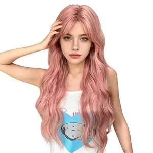 Lotfon Women's non adhesive synthetic wig, pink big wave style, adjustable head circumference, comfortable fit, lightweight and breathable, not stuffy in summer, suitable for cosplay and daily wear