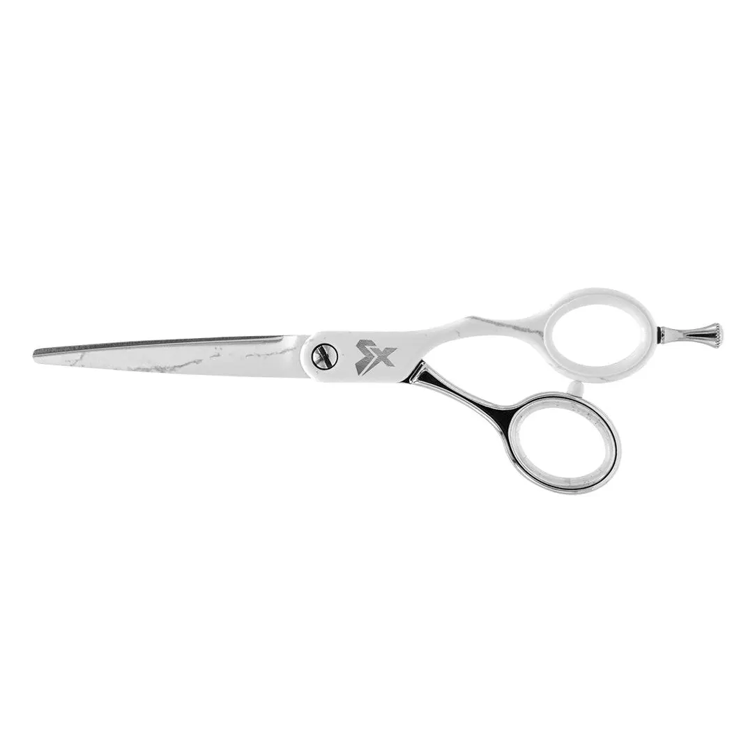 The Cricket Company Shear Xpressions Granite I Rock Unisex 5.75in Removable Japanese Stainless Steel Hair Cutting Scissors - Rich White Marble Pattern, Silver Finish, Ergonomic Durable Smooth-Cut Haircare Tool with Storage for Stylists