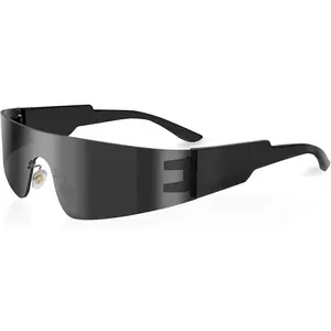 Futuristic Wrap Around Sunglasses Y2K Silver Trendy Rimless Glasses Cyberpunk Eyewear for Women Men Rave