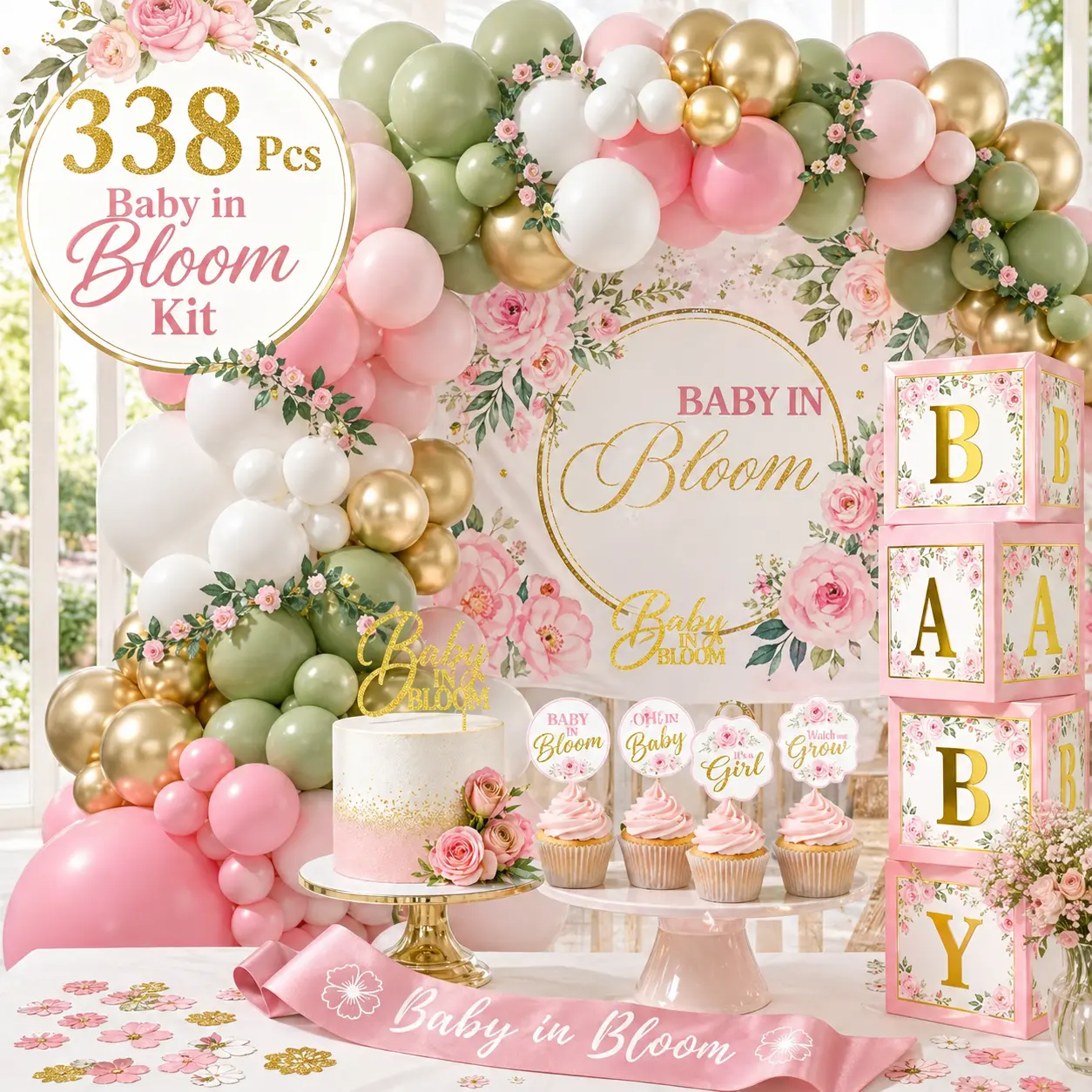 338-Pcs Pink Sage Green Baby in Bloom Shower Decoration Kit - Lightweight Balloon Arch, Floral Backdrop, Baby Boxes, Cake Topper, Sash, Photo Garland, Photo Props for Maternity Reveal Setup, Festive Home Party Supplies Gift