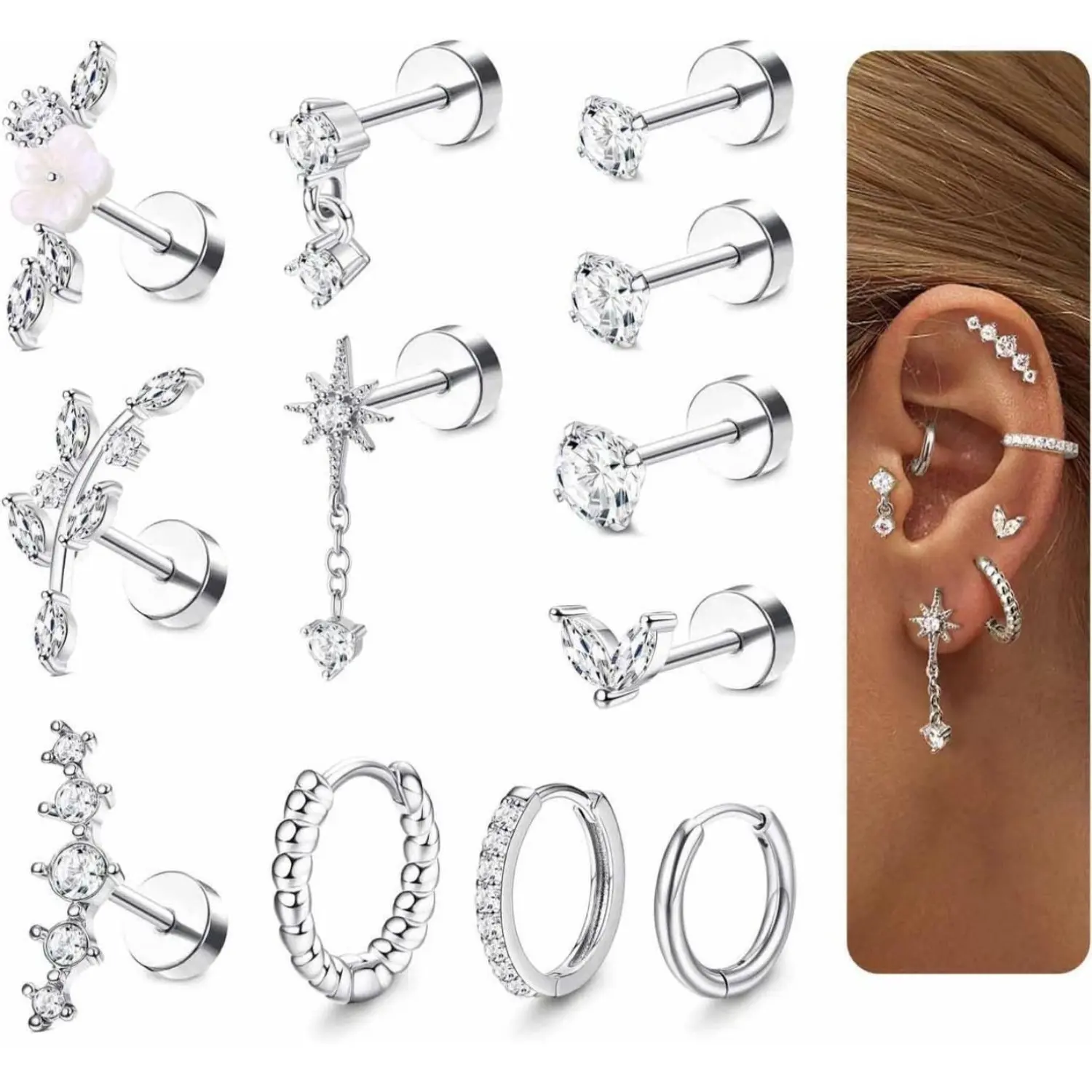 YADOCA 12Pcs Helix Piercing Jewellery Steel Tragus Earrings Set Flat Back Earrings Stud Flower Ear Piercing Helix Hoop Cartilage Earrings Silver Gold Conch Daith Tragus Piercing Jewellery