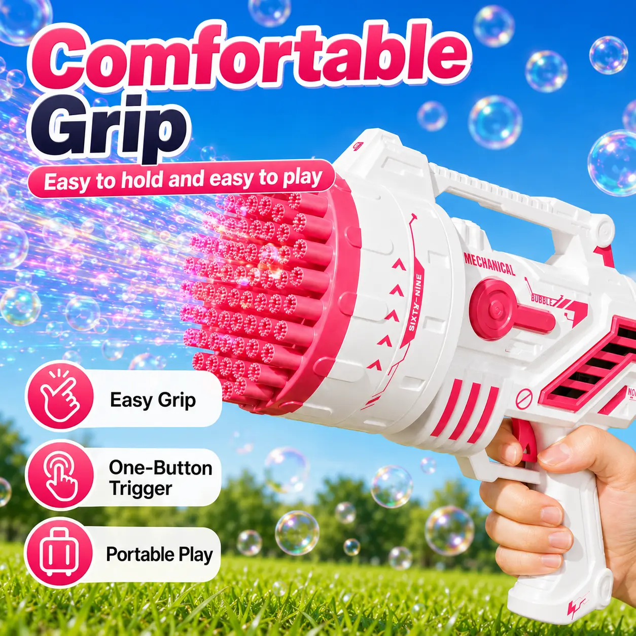 Pink Automatic Bubble Gun with 69 Holes and LED Light Effect, High-Volume Bubble Maker for Kids, Portable Outdoor Summer Toy for Birthday, Poolside, Beach, Picnic and Holiday Parties