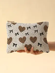 Heart Pattern Corduroy Makeup Bag, Makeup Pouch with Zipper Lining, Lightweight Multi-Functional Cosmetic Organizer for Travel, Perfect for Valentine's Day