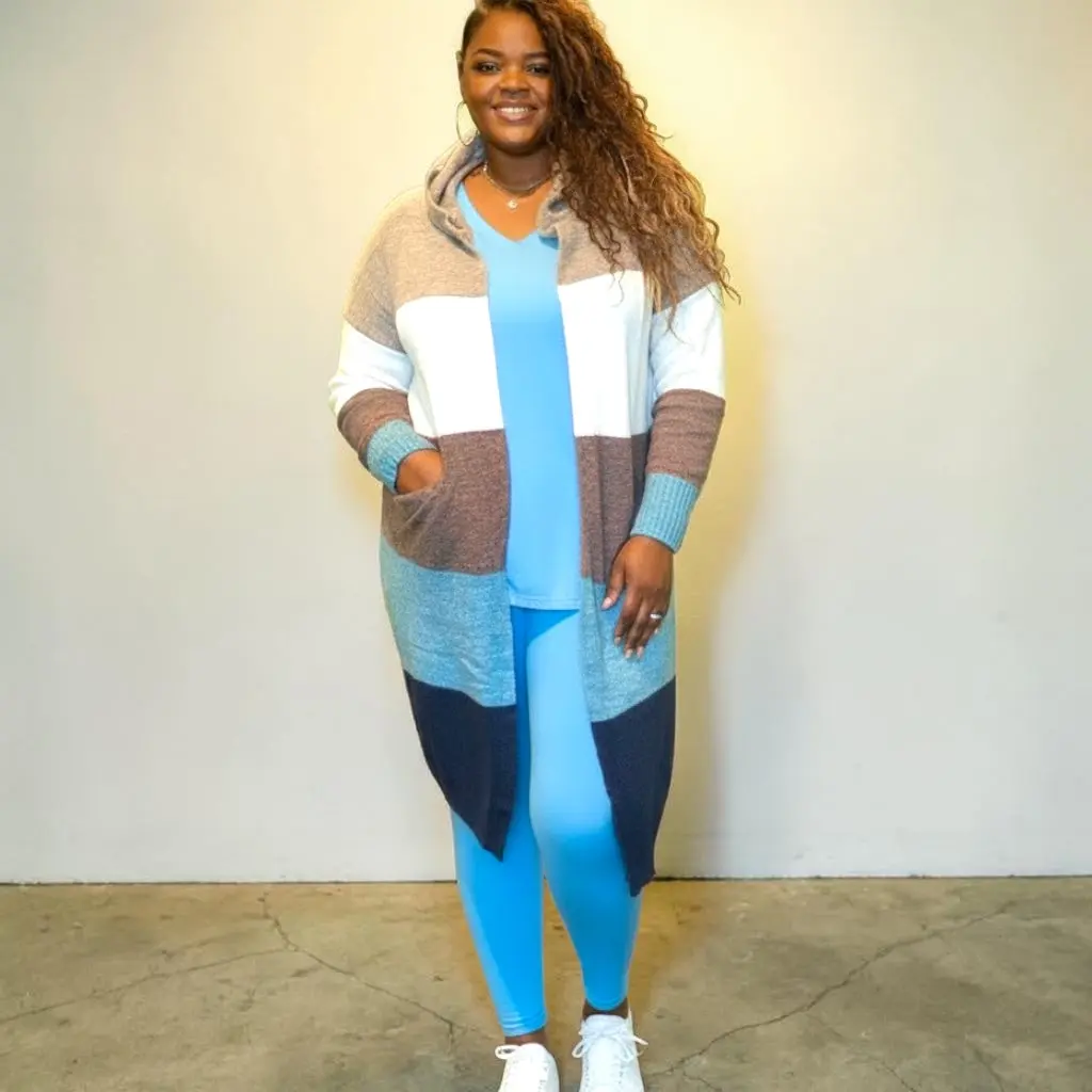 Plus Size Color Block Cardigan for Women, Elegant Longline Open Front Knitwear with Pockets for Everyday Style, Piece, Tops, Comfortable, Casual, Clothes, Colorblock, Long Sleeve, Nylon