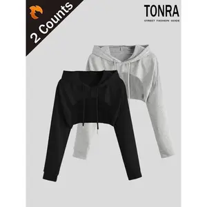 Women's Solid Drawstring Drop Shoulder Crop Hoodie, Casual Long Sleeve Hooded Sweatshirt for Spring & Fall, Ladies Clothes for Daily Wear(Sheet)