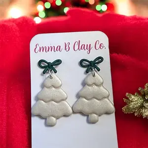 Emma B Clay Co Pearl Christmas Tree Earrings with Green Bow, Handmade Polymer Clay Holiday Earrings, Festive Lightweight Christmas Jewelry