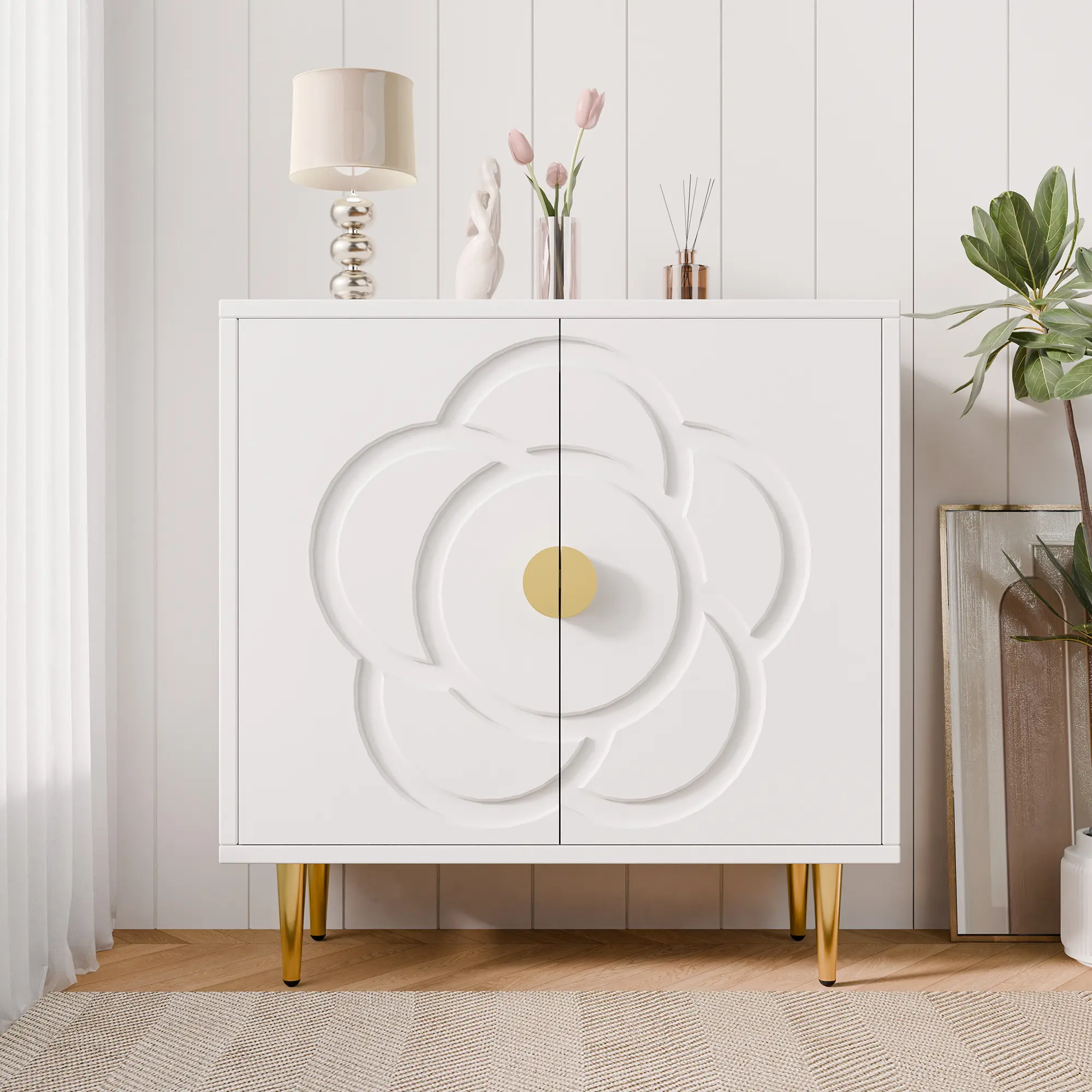 Topwin Flower-Shaped Double-Opening Door Sideboard with Storage - Modern Minimalist Elegant Indoor Furniture Cabinet for Home Organization