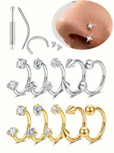 Hypoallergenic Cz Horseshoe Nose Ring, Stainless Steel 18/20 Gauge 8mm Round, Inner Thread Design, for Nose and Tragus Piercing, Includes Wear Tool, Nose Piercing Jewelry
