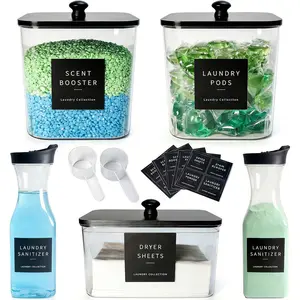 3+2 Pack Laundry Pods Containers & Dryer Sheet Holder & Laundry Detergent Dispenser, Laundry Room Organization Storage Jars with Lids, Labels and Scoops for Scent Booster, Powder and Pods