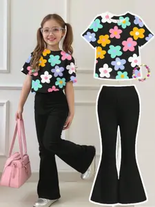 Girls' Casual Cartoon Pattern Round Neck Short Sleeve Top & Bell Bottom Pants Set, Summer Wear, Fitted All Season, Flare, Casual Outfit Set