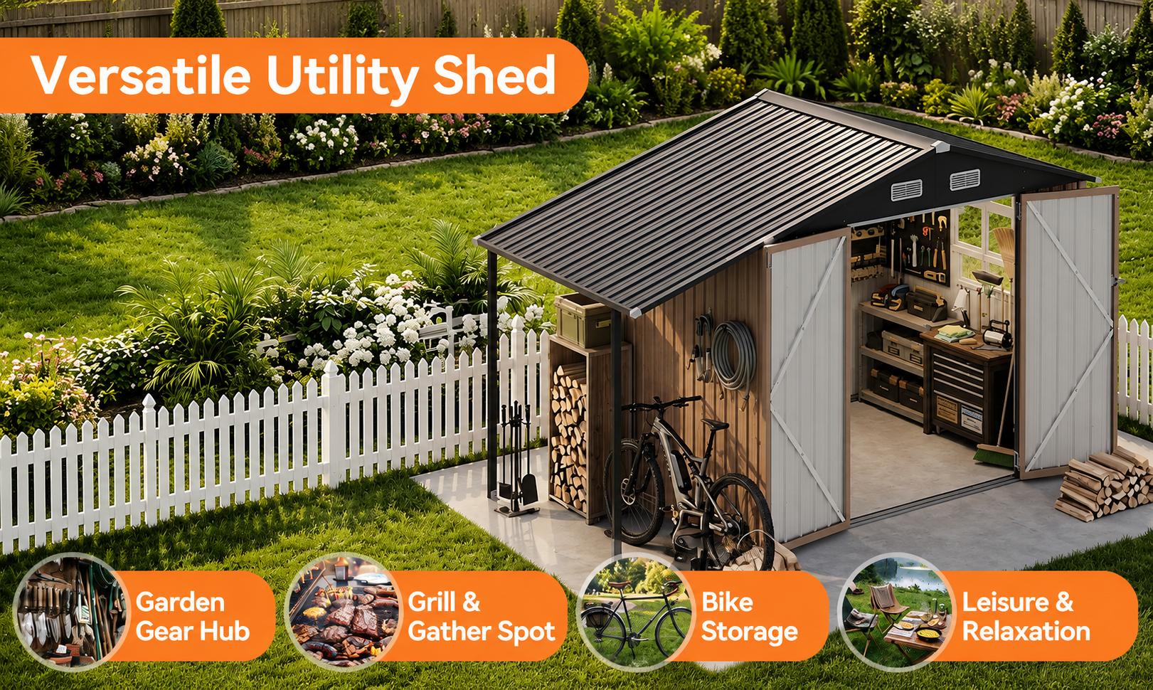 Jolydale Outdoor Storage Shed Metal Lean to Sheds withGazebo,Open Firewood Storage,Garden Shed with LockableDoors,Sloped Roof,Windows, 2 in 1 Large Tool Shed forPatio. Backvard. Lawn