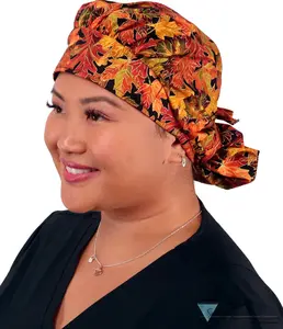 Stylish Banded Bouffant Ponytail Scrub Cap - Metallic Autumn Leaves