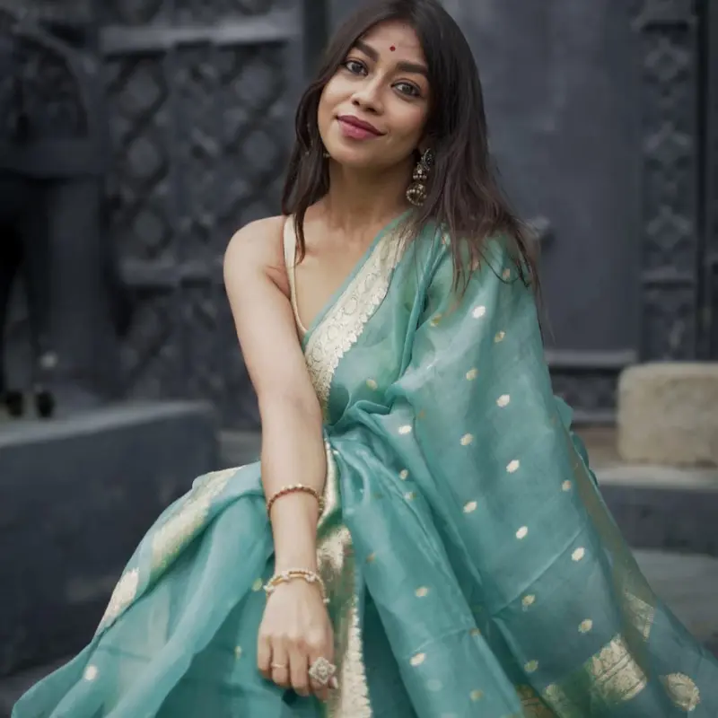 Women's Soft Banarsi Saree - Green with Gold Embroidery, Perfect for Indian Wedding Party Wear - Dress, Womenswear