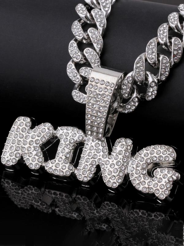 Hiphop Full Diamond King Letter Cuban Chain, Fully Encrusted Detail, Shiny, Unisex Street Style Jewelry, Cuban Link Chain