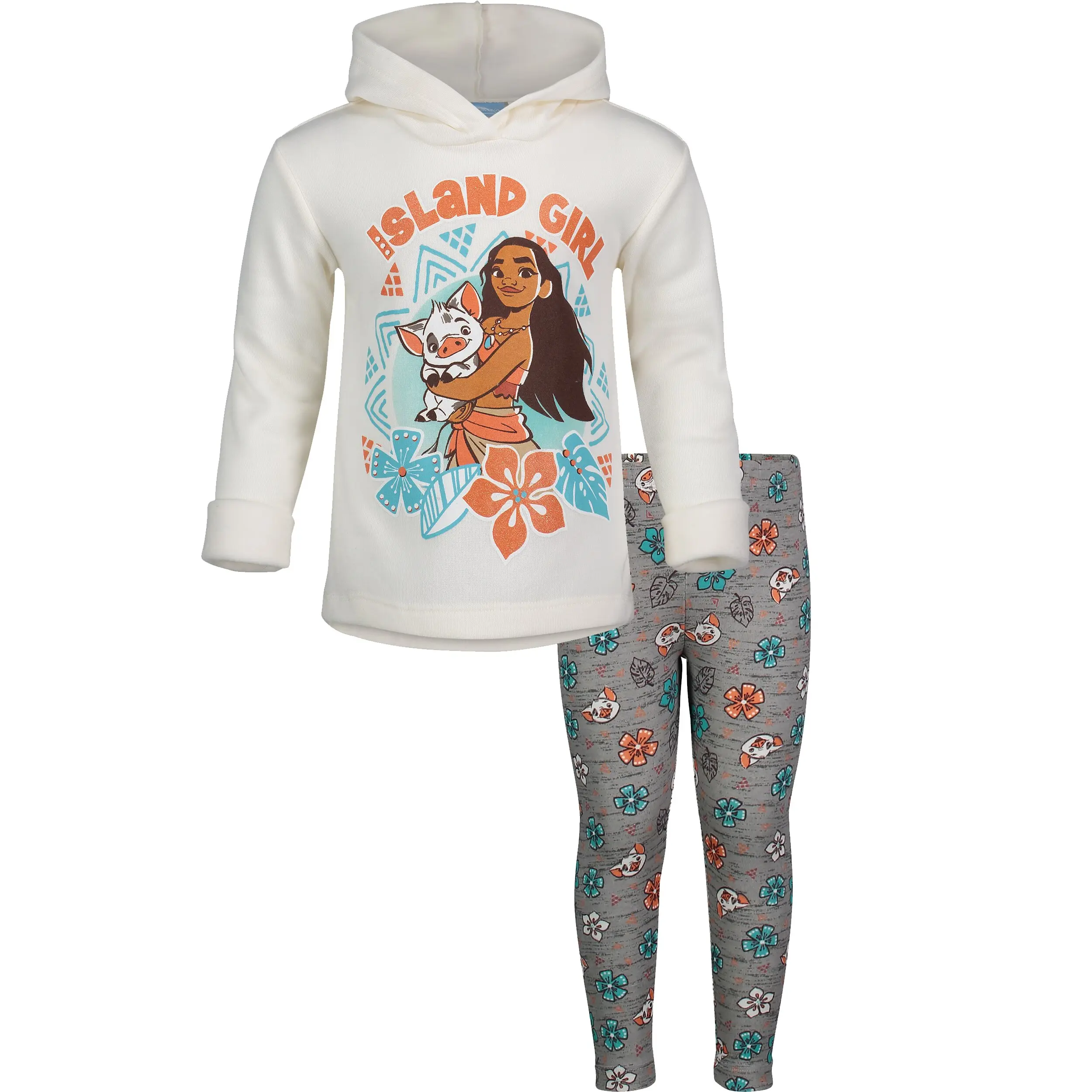 Disney Moana Girls' Fleece Hoodie & Flare Leggings Set, 2-Piece Playwear Outfit with Hooded Neck Top and Mesh Ruffles, Fleece Fabric, Elastic Waist, Flare Silhouette, Graphic Print, Playwear Look, Graphic Print Set, Matching Sets