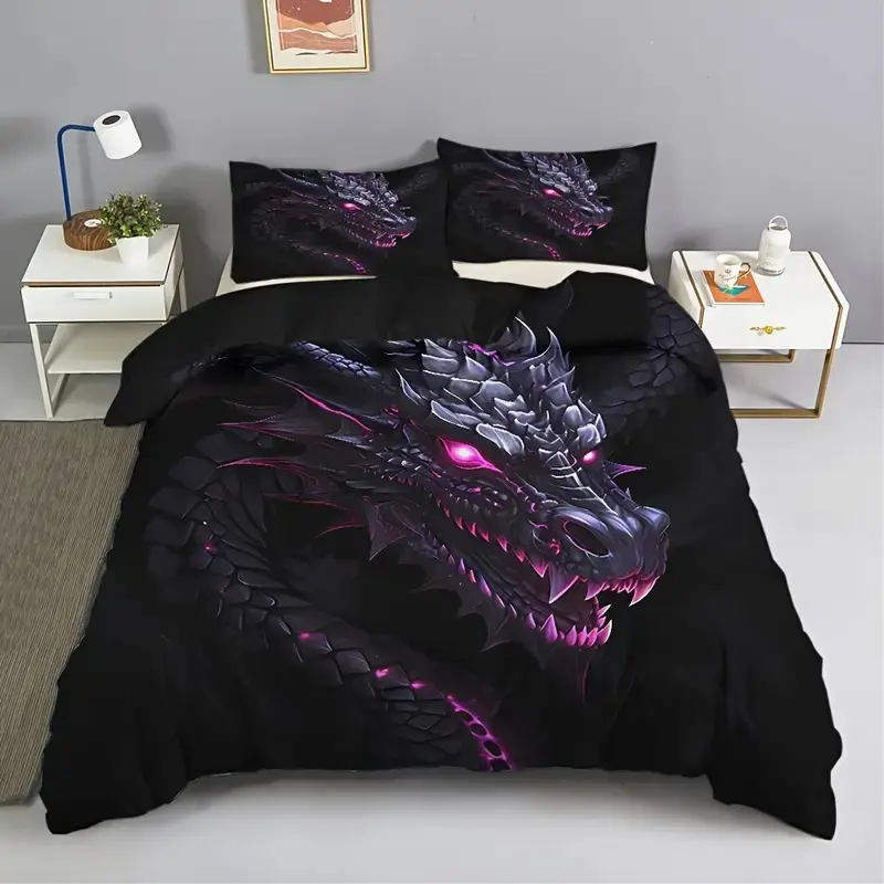 3-Piece Dragon Print Bedding Set (1 Fitted Sheet + 2 Pillowcases), Polyester Fiber Material, No Comforter Included, Universal Size, Bedsheet Sets
